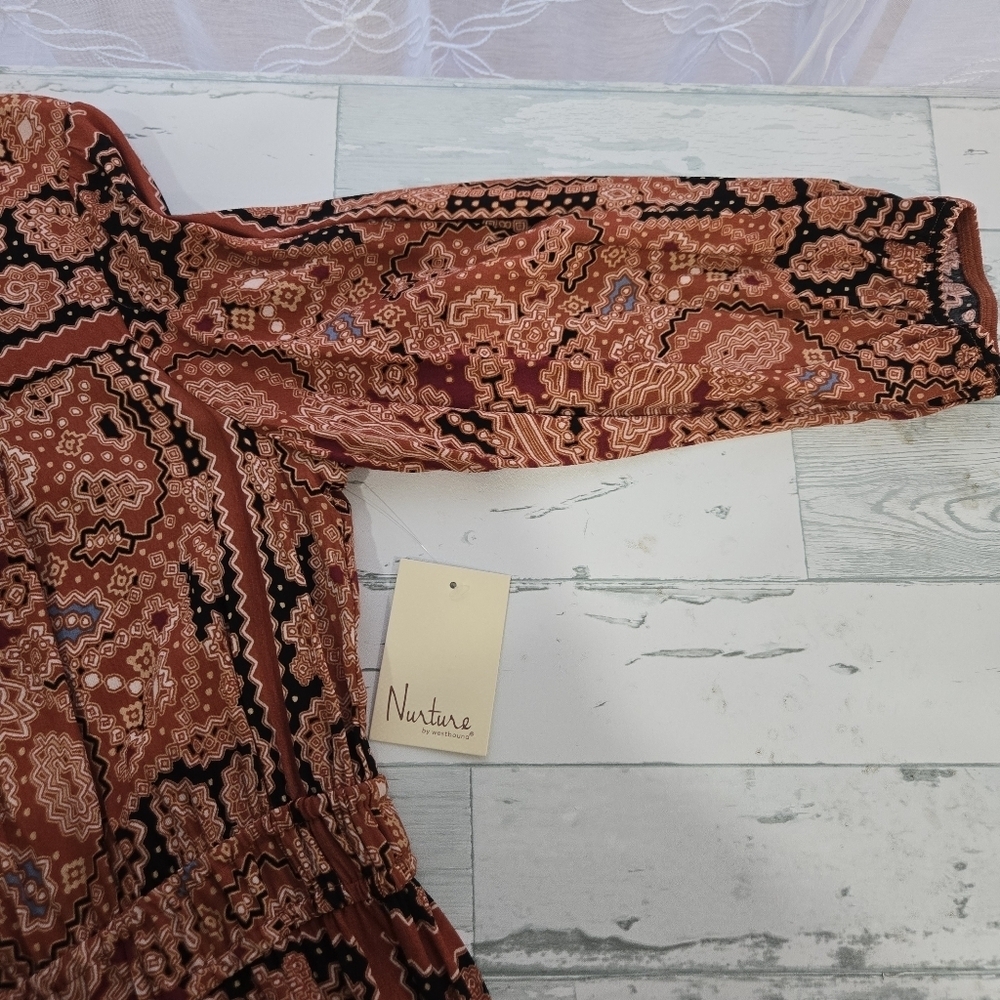 Nurture Paisley Midi Dress Medium Boho Rust Terracotta Elastic Waist V Hem - Picture 8 of 10